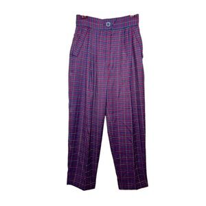 Vintage 80s Plaid High Waisted Trousers Pleated Slant Pockets Relaxed Wine Blue